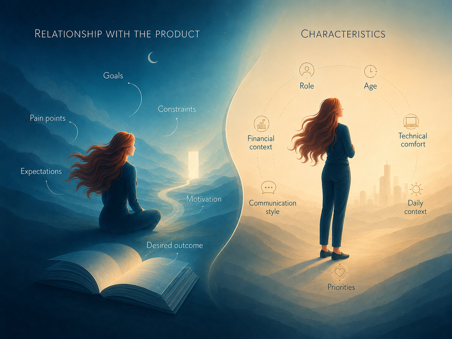 A two-part illustration. On the dark left side, titled Relationship with the product, a woman sits on an open book facing a lit path, surrounded by the labels Goals, Constraints, Pain points, Expectations, Motivation and Desired outcome. On the light right side, titled Characteristics, the same woman stands inside a ring of labels: Role, Age, Technical comfort, Financial context, Communication style, Daily context and Priorities — the traits selected to express that relationship.