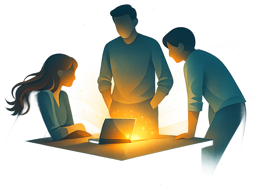 Three colleagues gathered around a table, studying a glowing laptop together.