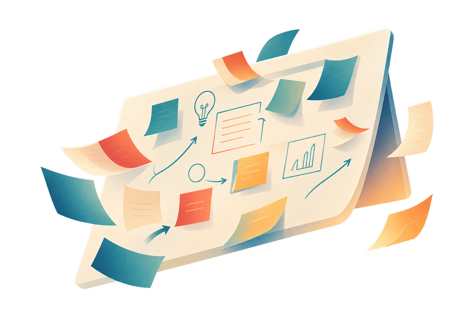 Strategy board with colorful sticky notes, sketches, and arrows representing a facilitated planning process