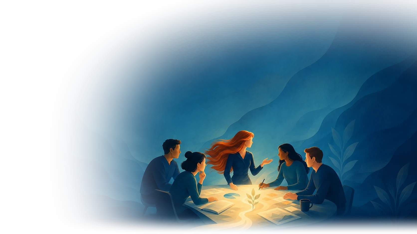 Illustrated team gathered around a glowing table, mapping a path together in a deep blue landscape