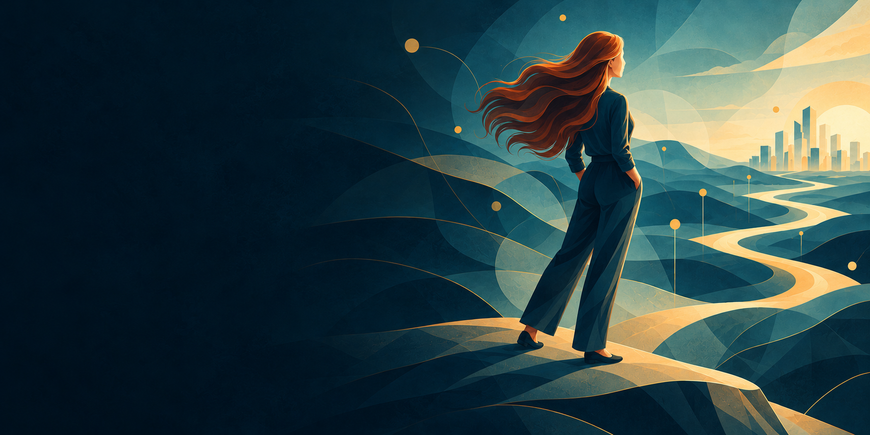 A woman with long red hair standing on a ridge, looking toward a winding lit path and a distant city at sunrise