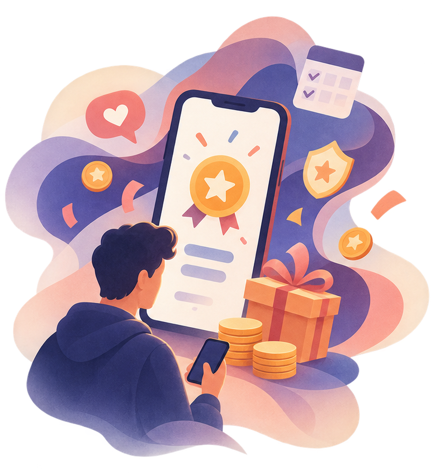 Illustration of a patient looking at a phone showing points, badges and rewards.