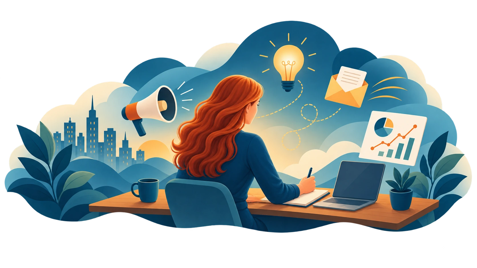 Ella at her desk, writing, surrounded by a cloud of marketing signals — a megaphone, an idea, an email, a chart and a city skyline.