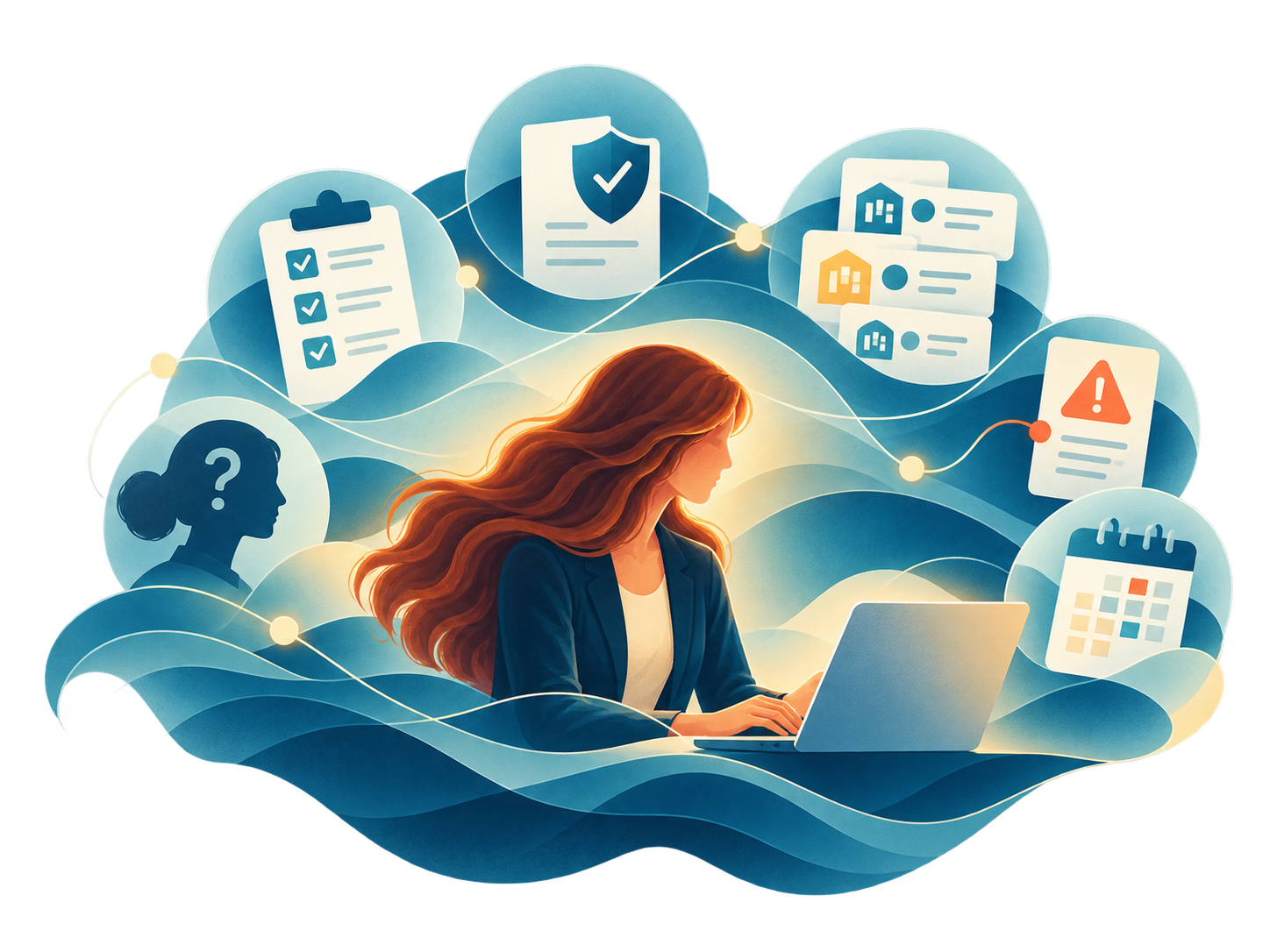 A woman working at a laptop, surrounded by checklists, compliance documents, supplier options, warnings, a calendar and an uncertain colleague.