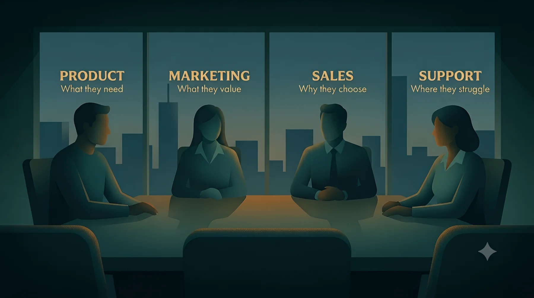 Four department representatives—Product, Marketing, Sales, and Support—sit across the same meeting table. Each is labeled with a different perspective on the customer: what they need, what they value, why they choose, and where they struggle.