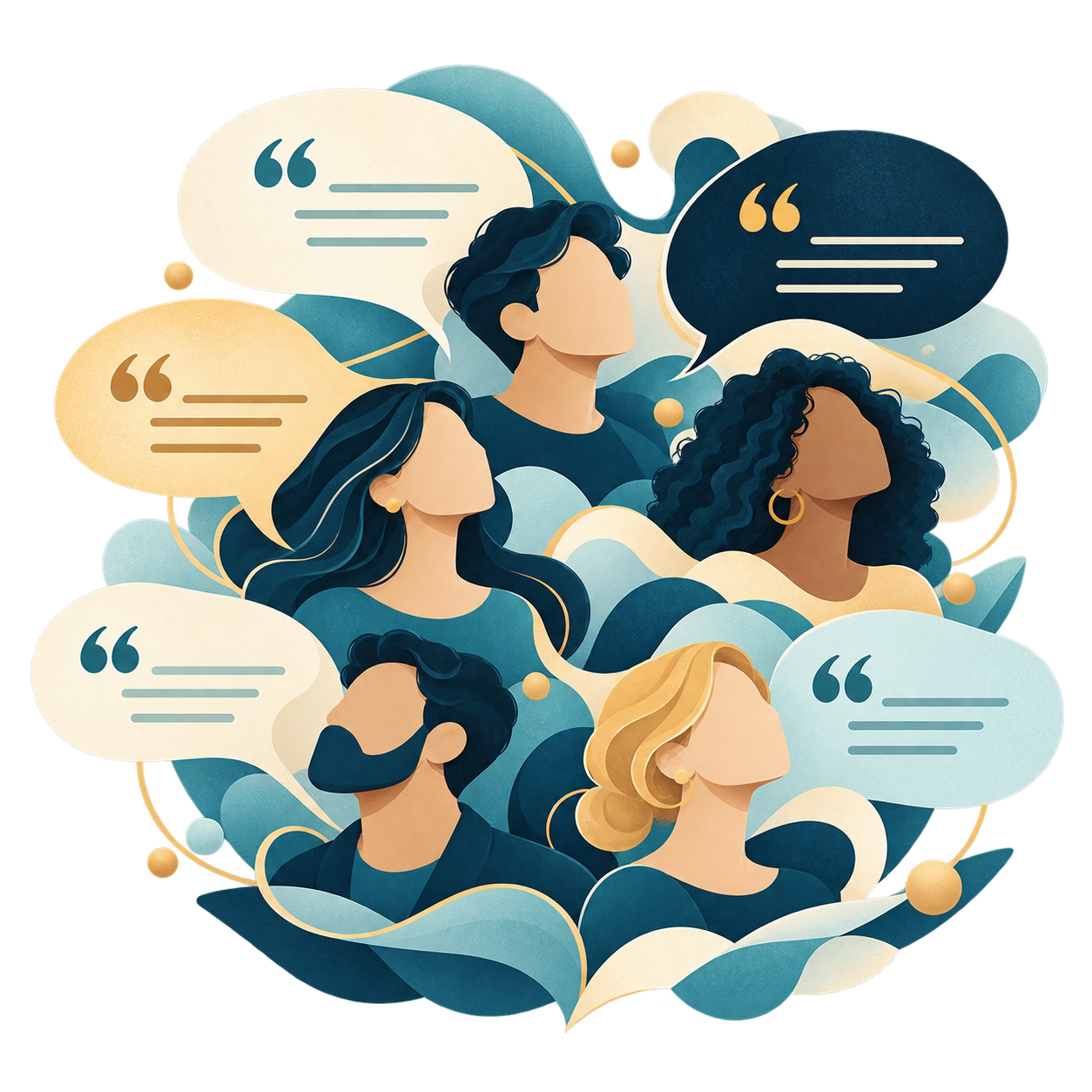 Five people surrounded by speech bubbles with quotation marks, representing customer voices in their own words.