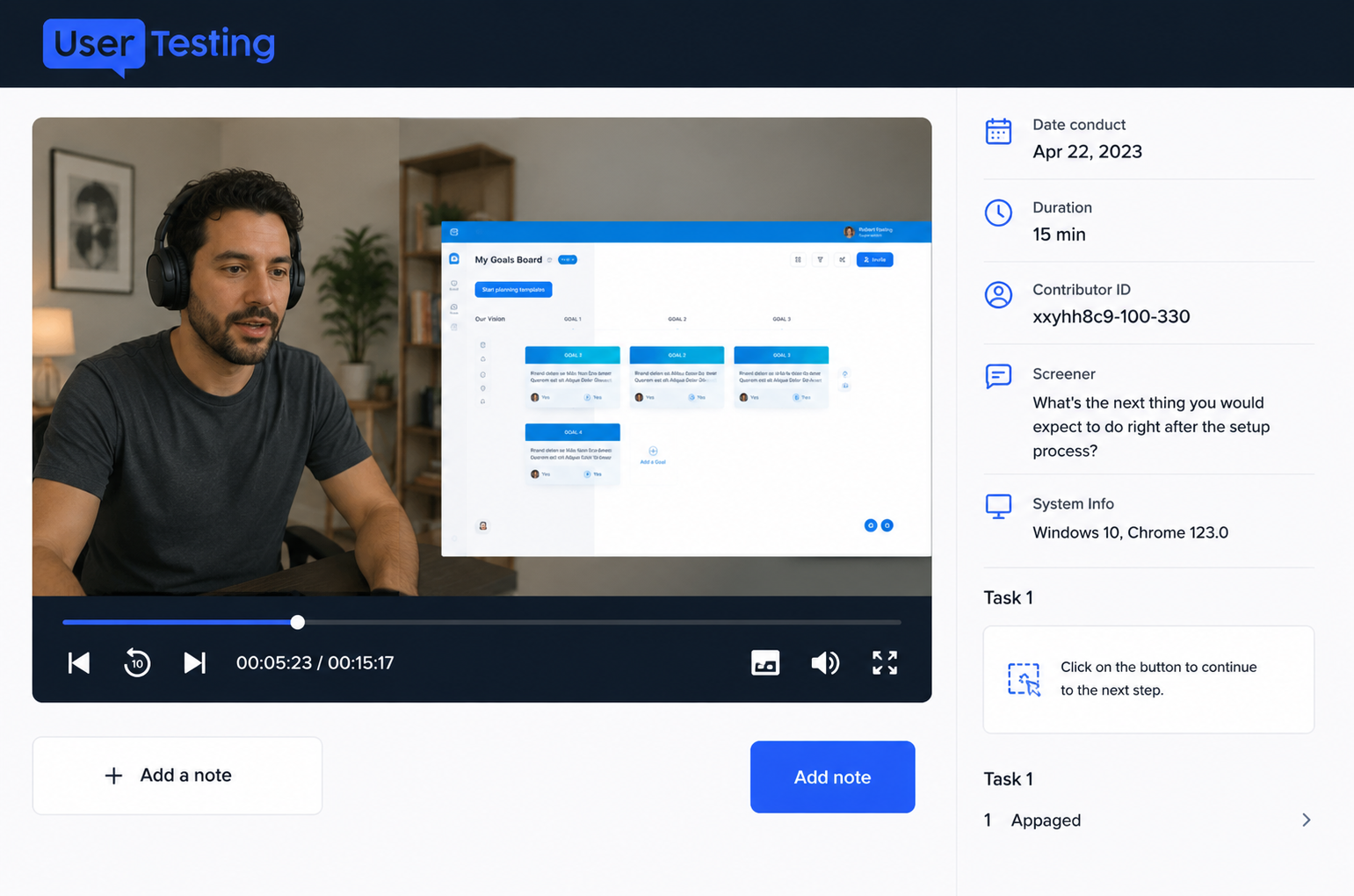 A moderated user-testing session: the participant's face recording beside the product screen being tested