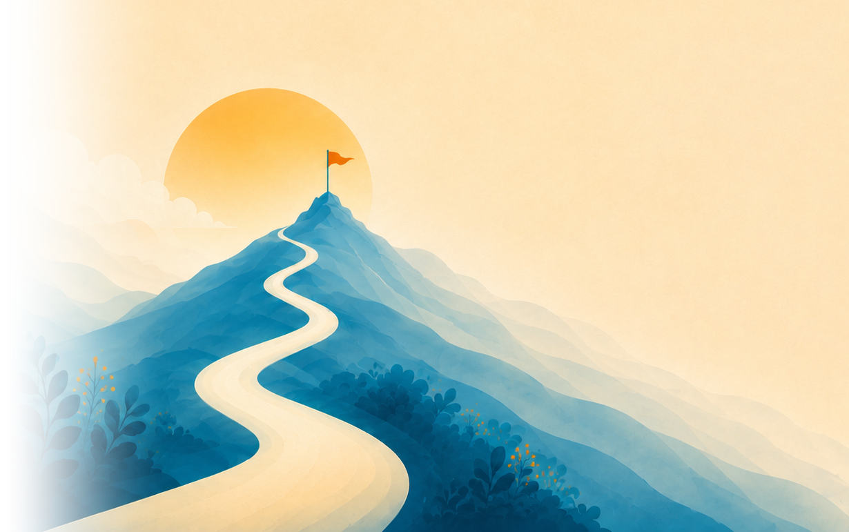 Illustrated winding road climbing toward a flag on a sunlit mountain peak