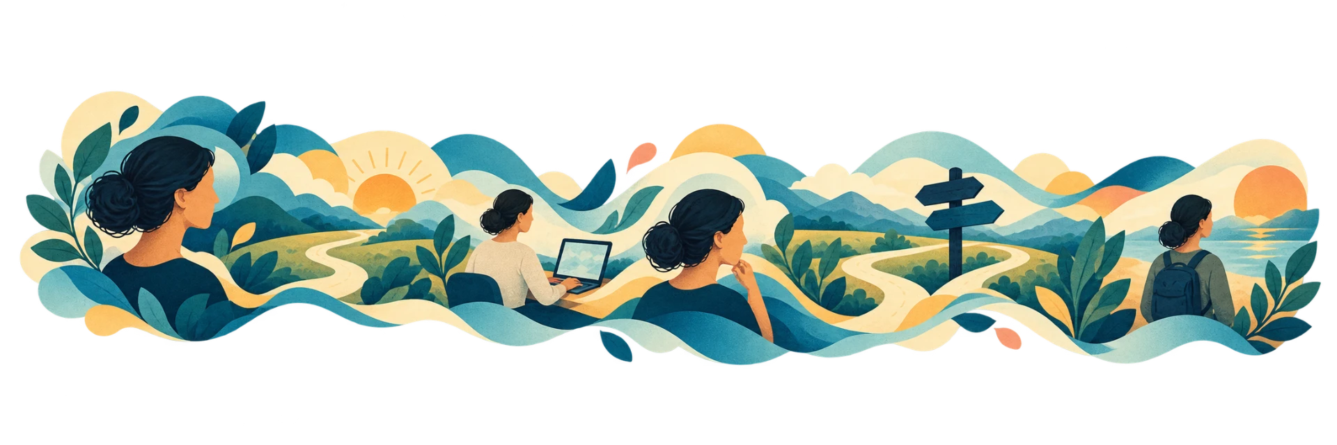 One woman's connected story: before, a change, working at her laptop, hesitating, a signpost decision, and moving on