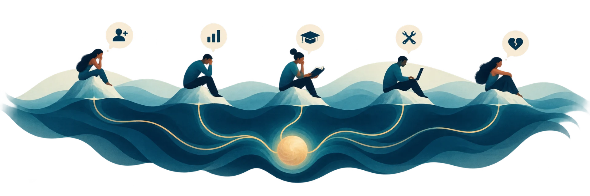 Five customer journey difficulties connected by paths beneath the surface