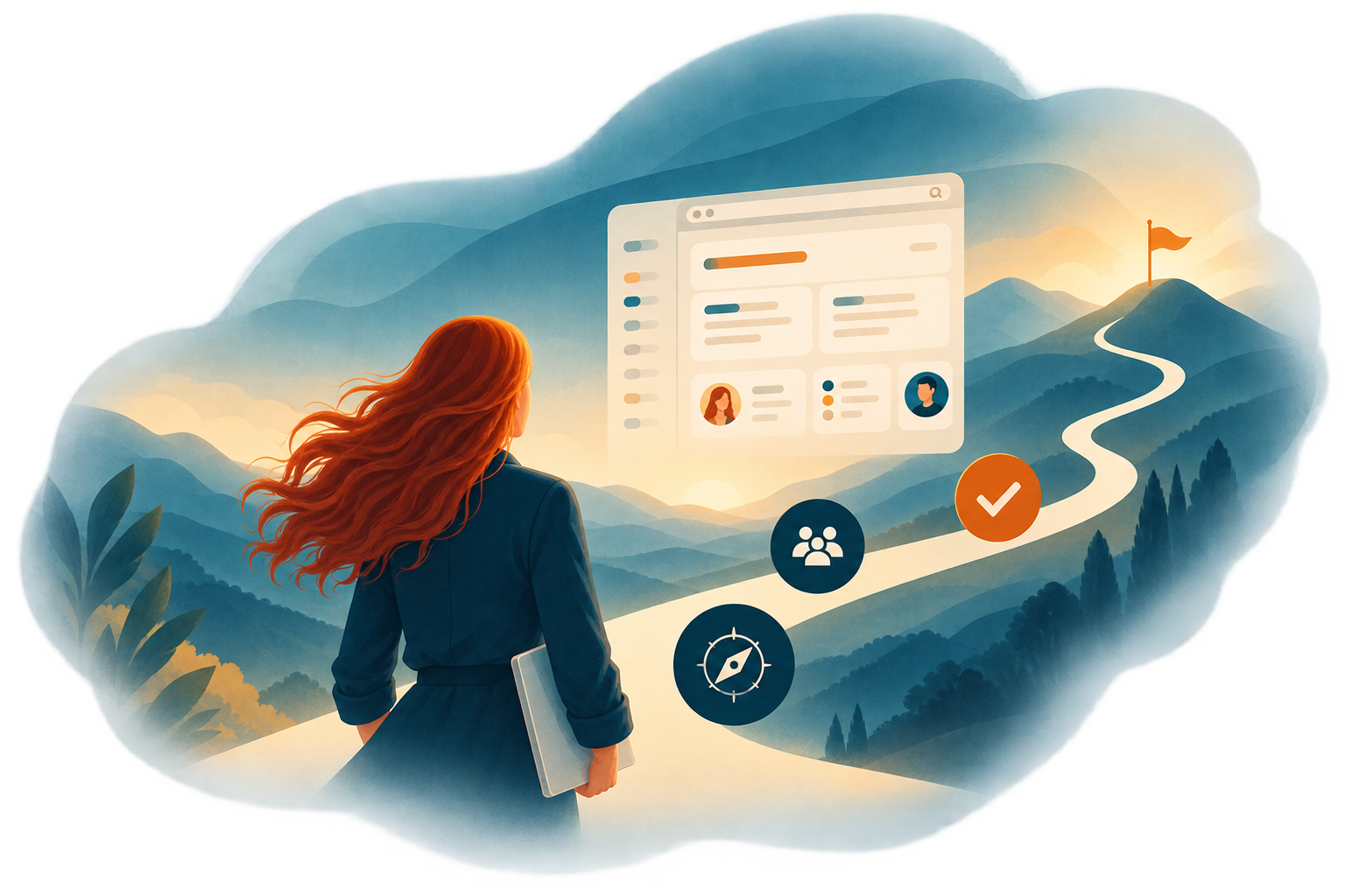 A strategist looking toward a digital product interface set along a path leading to a summit