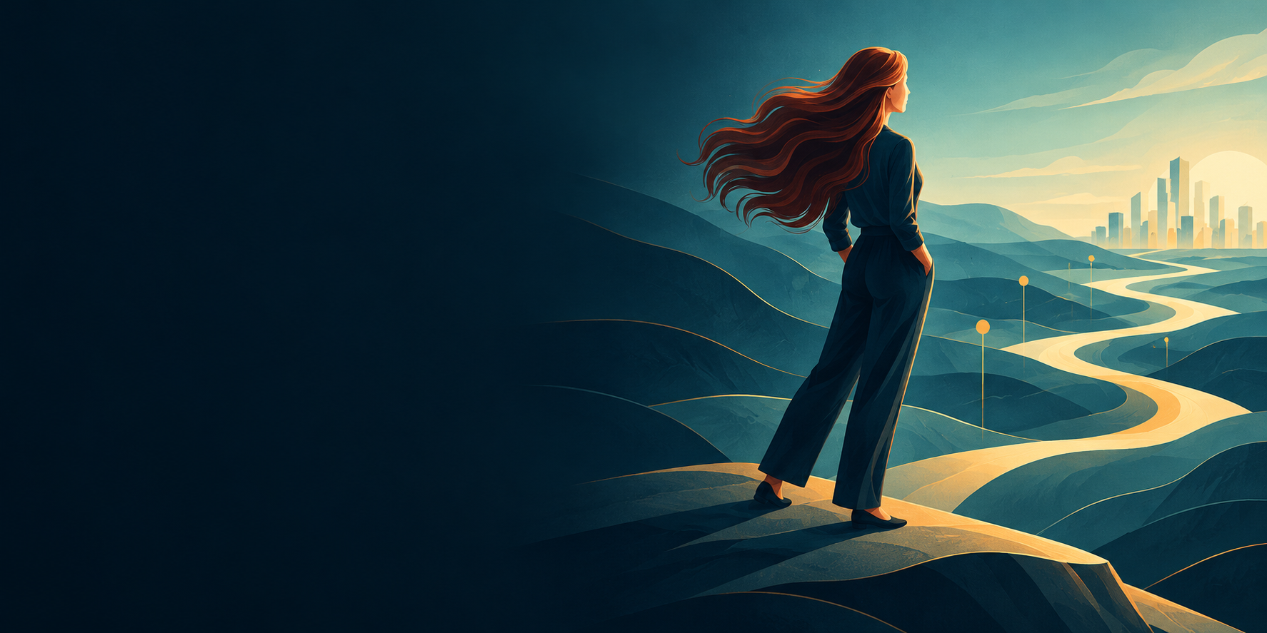 A woman with long red hair standing on a ridge, looking toward a winding lit path and a distant city at sunrise