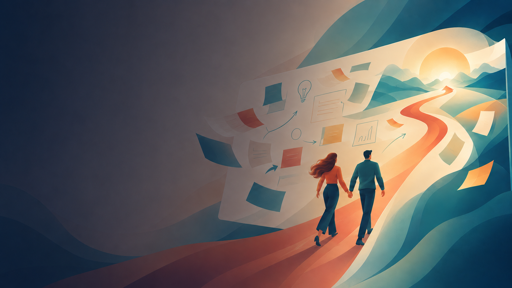 Two people walking together along a lit path toward a bright horizon, past a wall of strategy notes and diagrams
