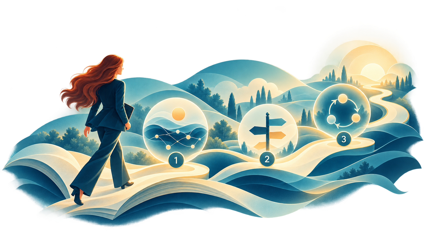 Ella walking along an open book path through a landscape, past three numbered spheres: a mapped wave of progress, a signpost of choices, and a learning loop.