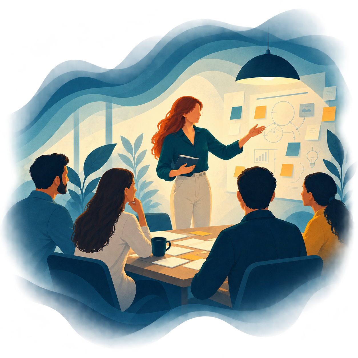 A facilitator guiding a marketing team through a workshop around a shared board
