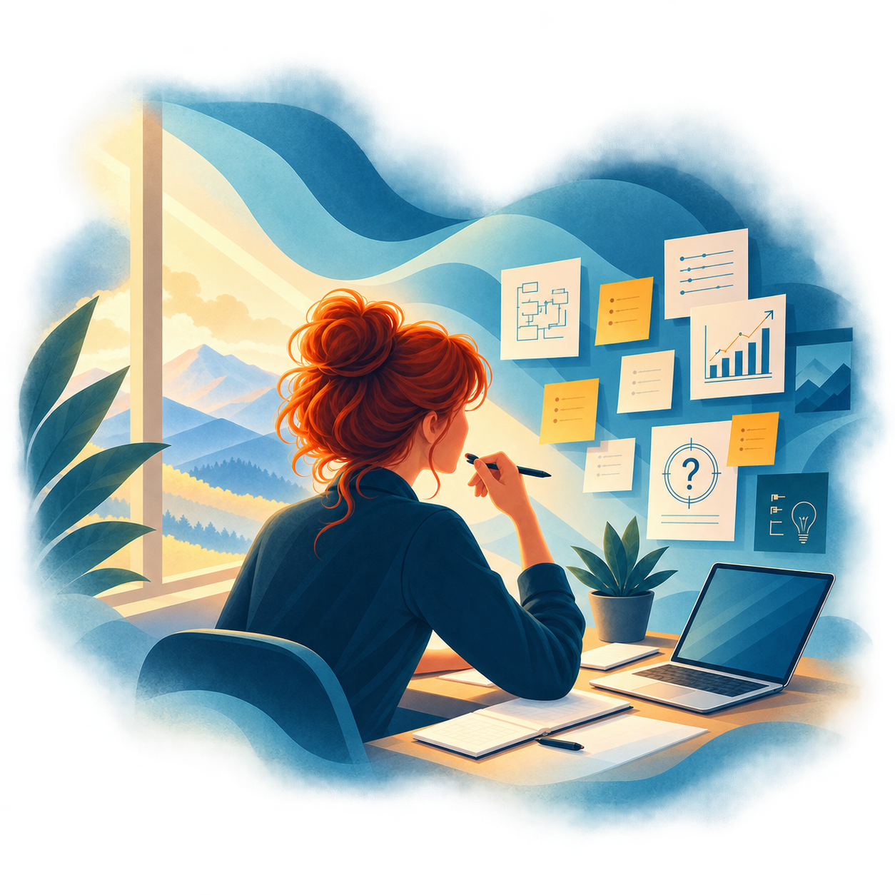 A marketing leader at her desk facing a wall of competing plans, notes and charts