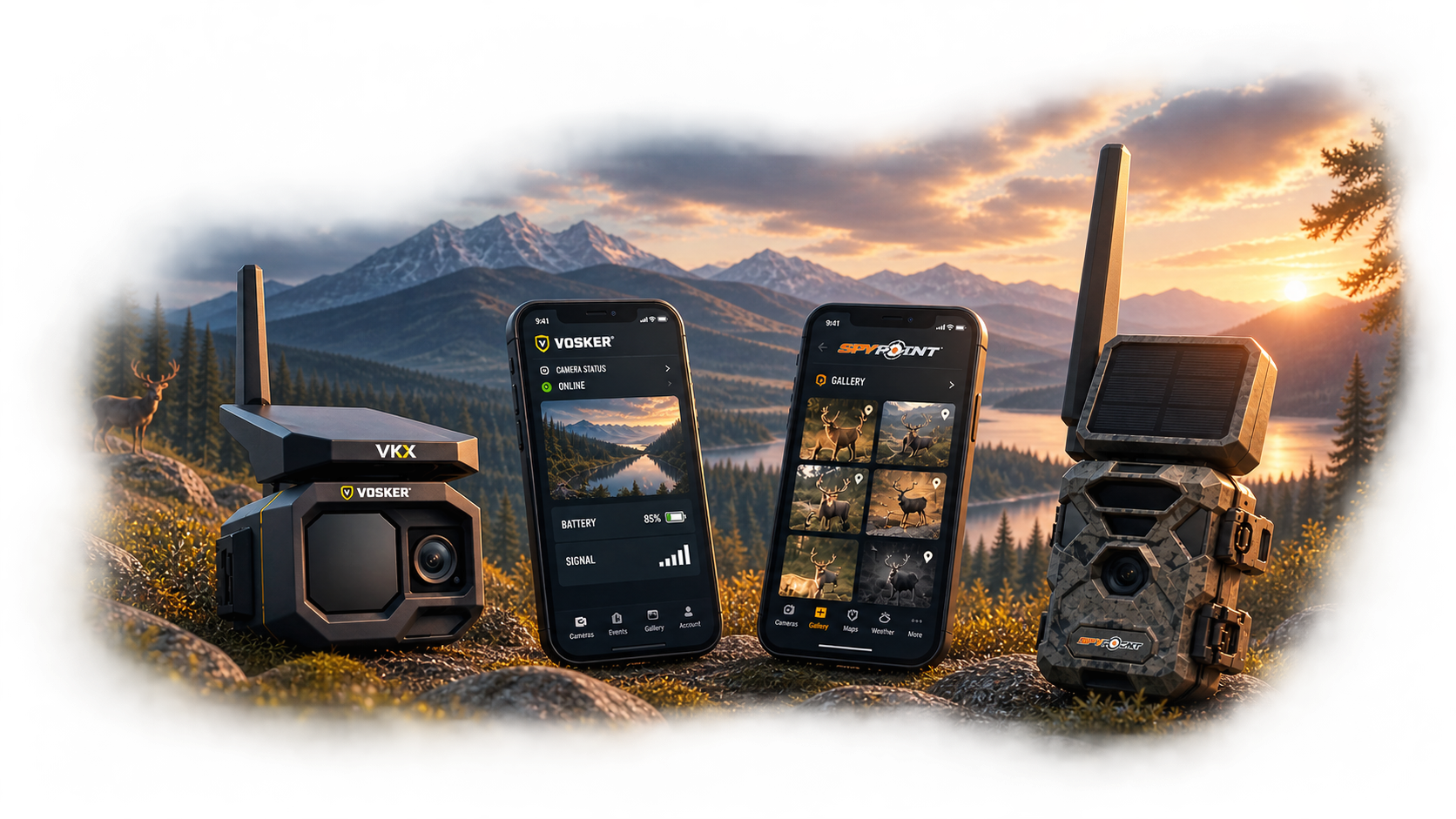 VOSKER and SPYPOINT connected cameras and mobile apps in a mountain landscape