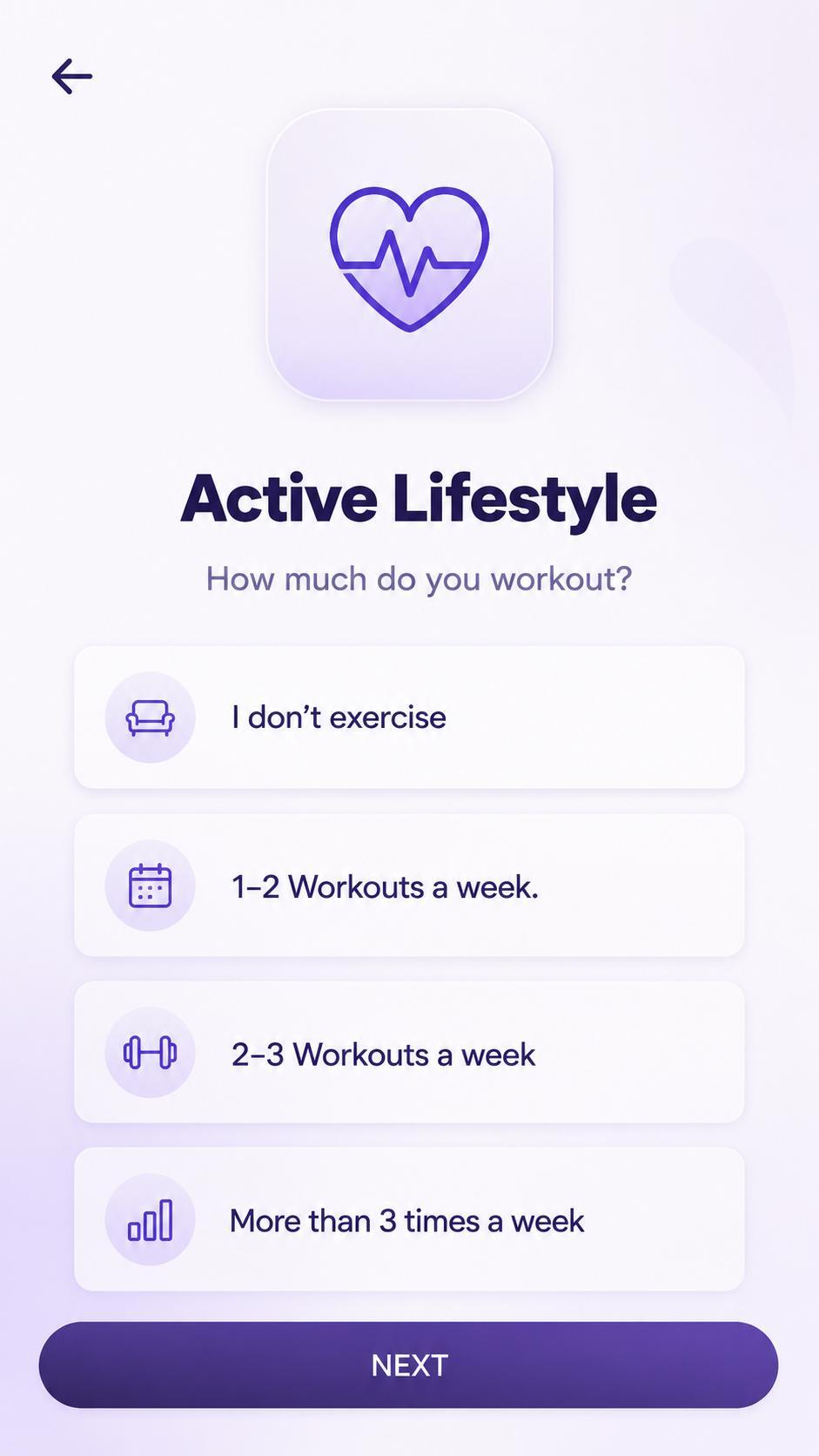 Active Lifestyle screen asking how much the patient works out each week.
