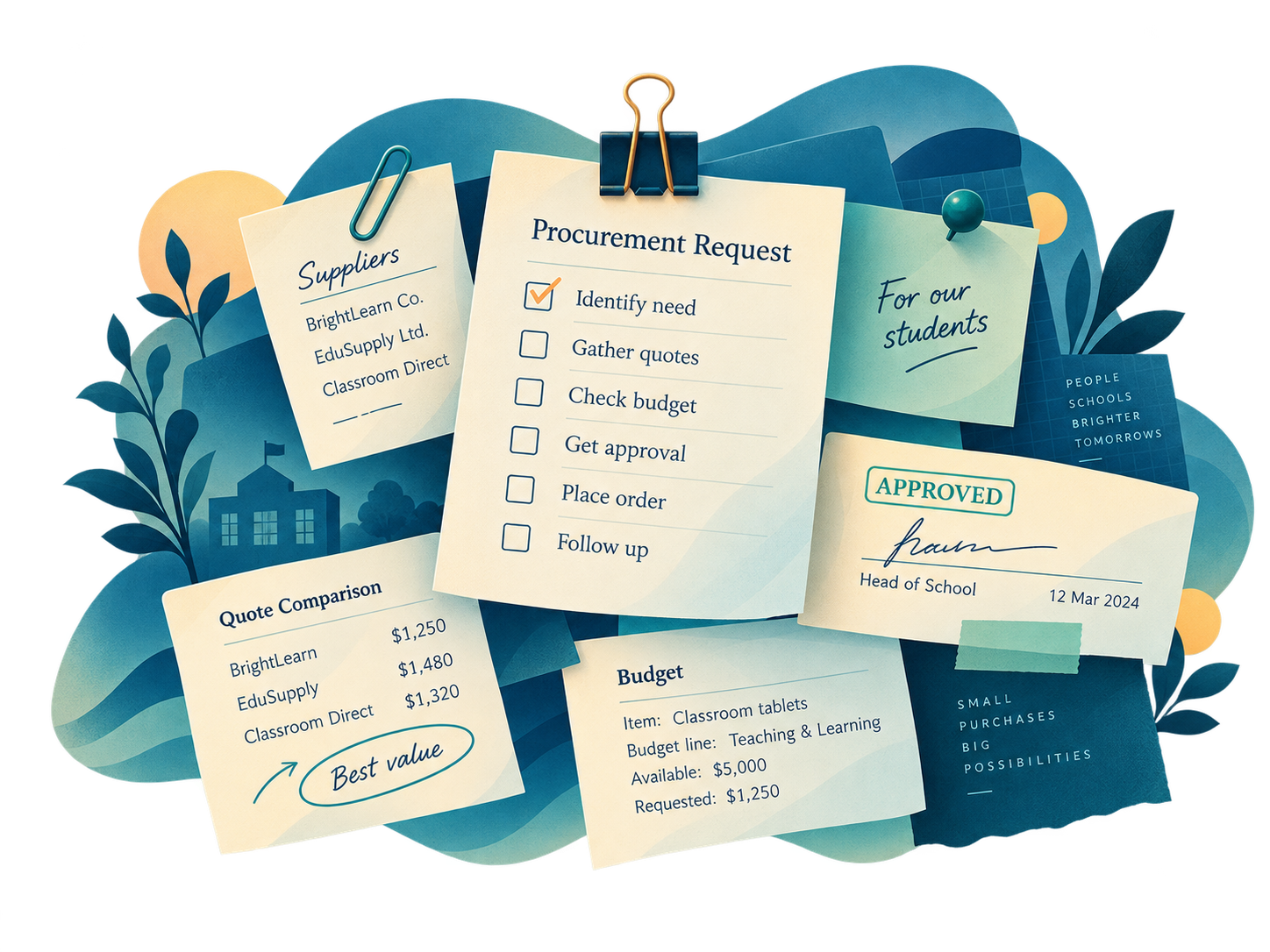 Procurement request, supplier, budget, quote comparison, and approval papers arranged together