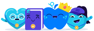 A cheerful cast of SWEETCH health companions: a heart, a book, an apple, and a tooth character standing together
