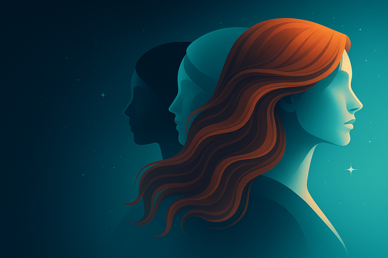Three profiles in silhouette against a starlit teal sky — the personas at the table