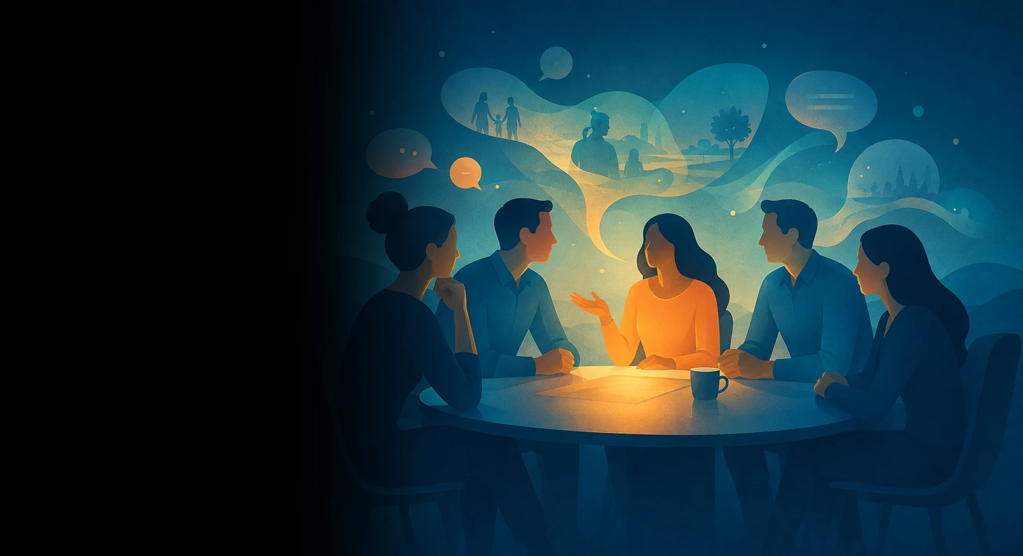 An illustration of five people seated around a glowing round table, with one warmly lit person speaking and speech bubbles of family, home, and place floating above — the customer present in the room with a voice of their own.
