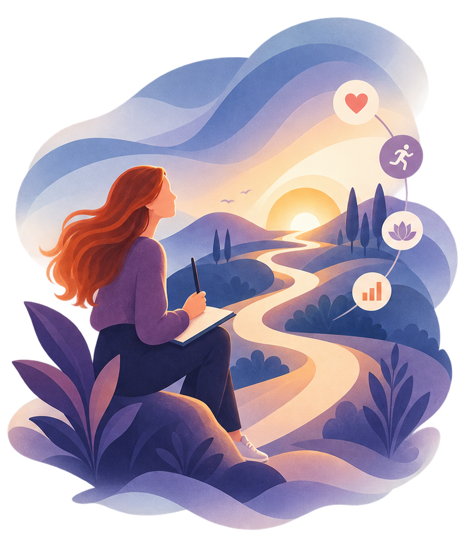 Illustration of a person on a hillside looking toward a path leading to a sunrise.