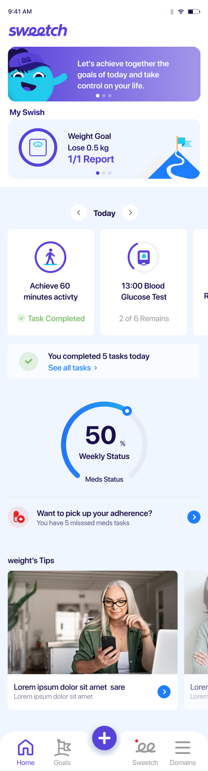 SWEETCH homepage mockup prioritized around the patient's goals and current tasks