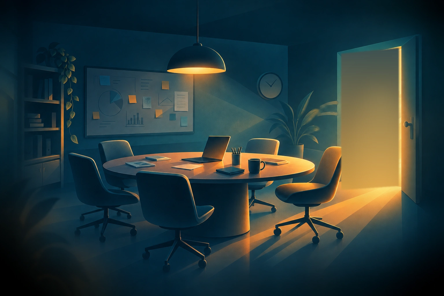 A dim meeting room with an oval table, empty chairs, and warm light spilling in through an open door.