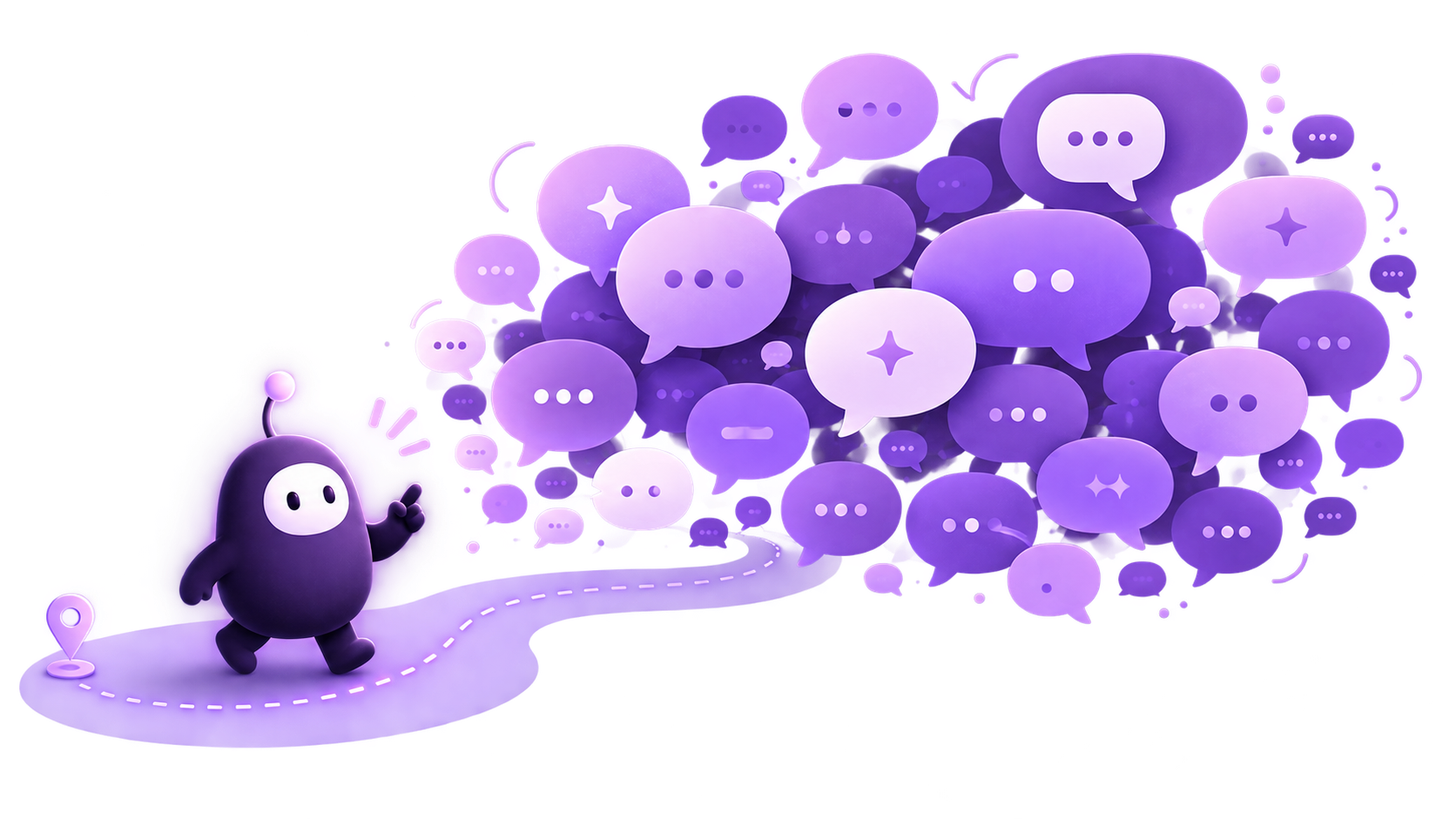 An illustrated companion character trailed by an overwhelming cloud of speech bubbles