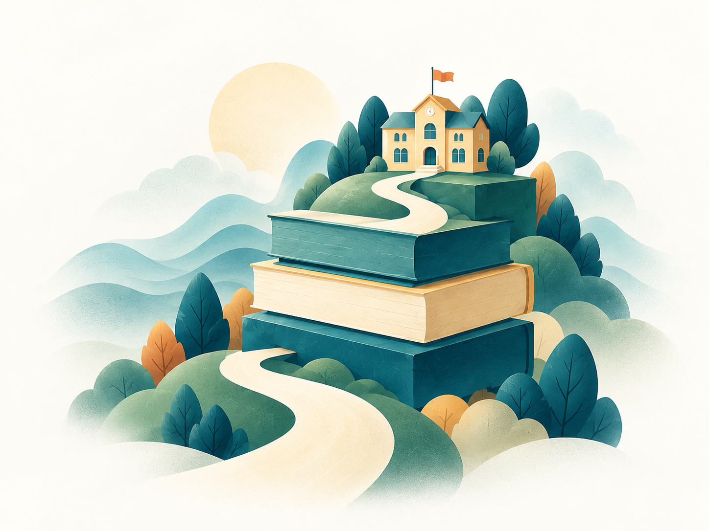 A winding path crosses stacked books and leads to a school surrounded by trees