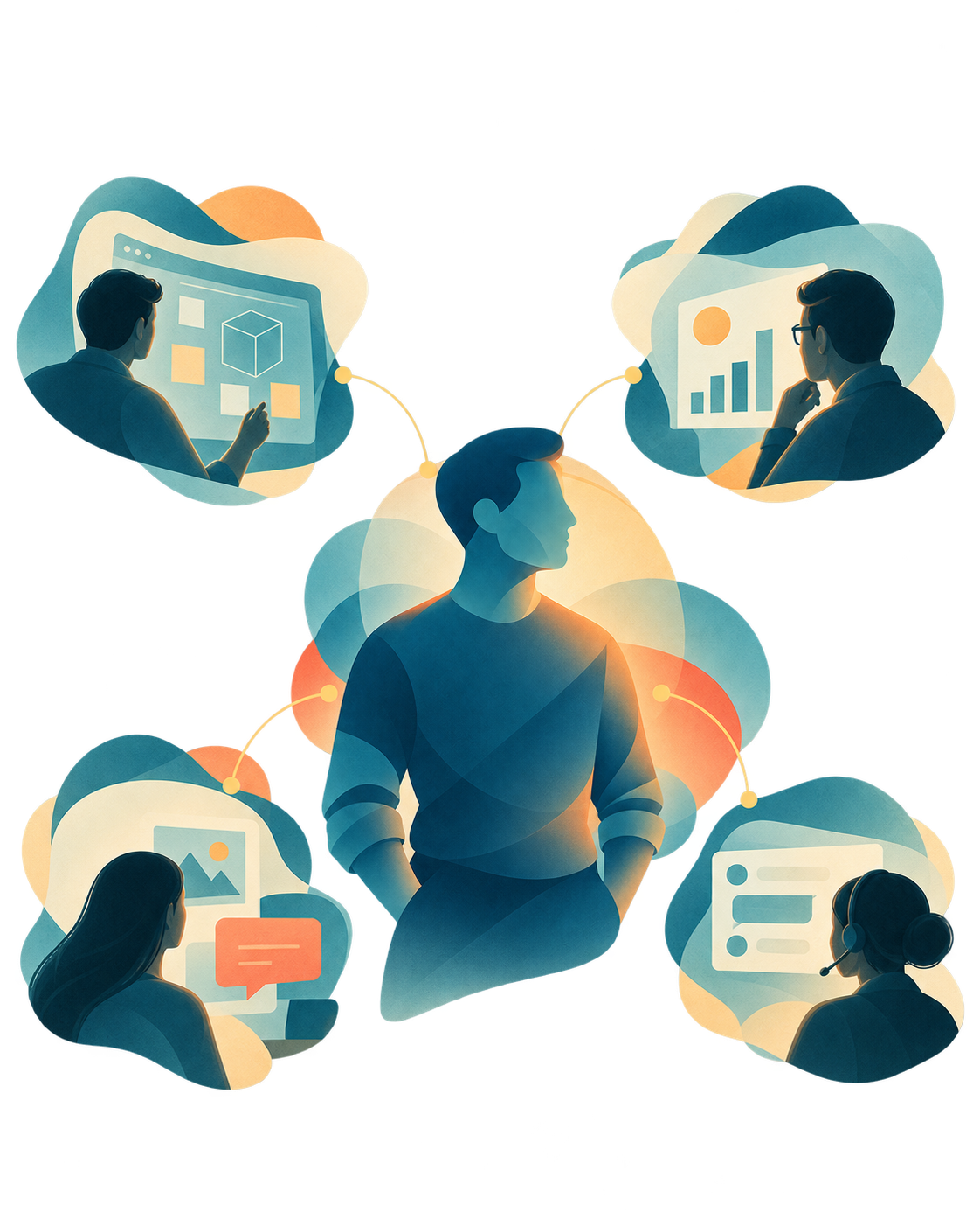 One customer connected to four different department perspectives: product, marketing, sales, and support.