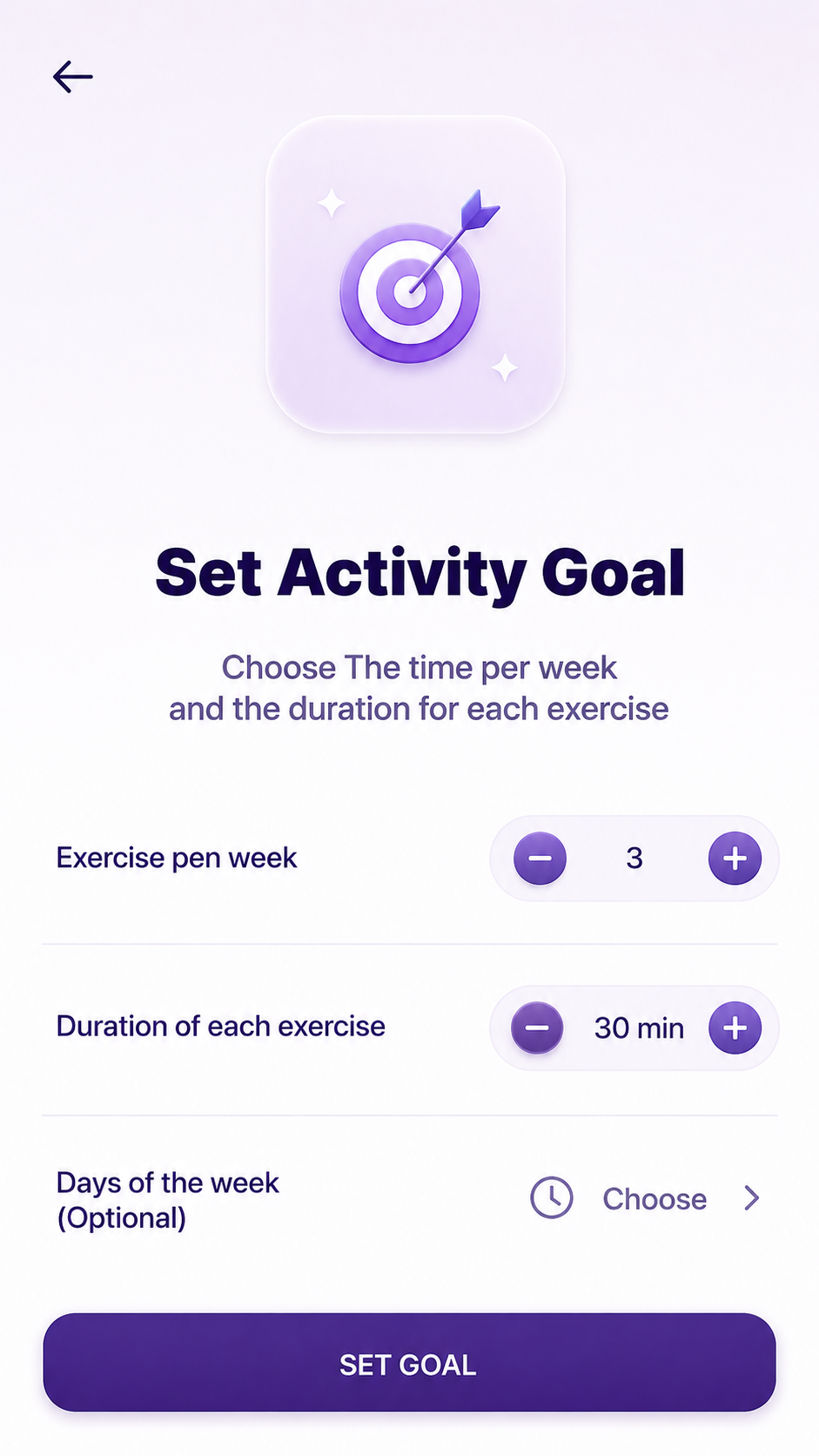 Set Activity Goal screen configuring exercises per week, duration and days.