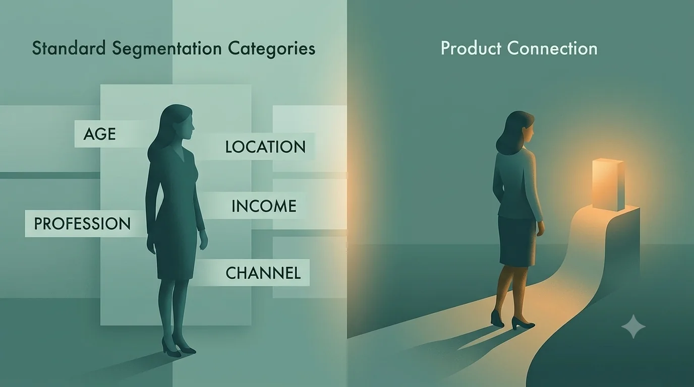 A split editorial illustration contrasts standard customer segmentation categories—age, location, profession, income, and channel—with a person's connection to a product.