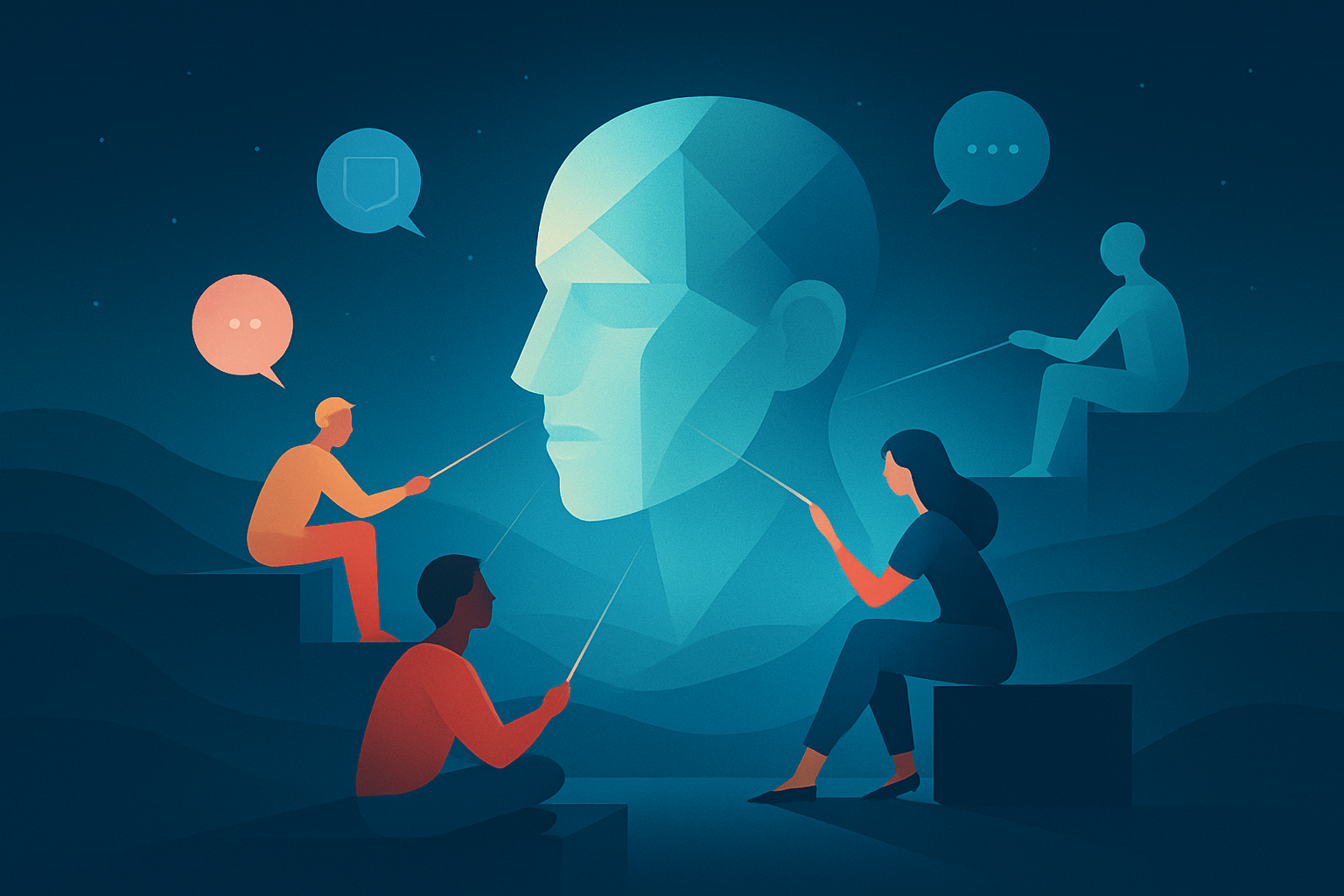 An illustration of four people seated around a large translucent human profile, each holding a pointer toward it while speech bubbles float above — a team collectively interpreting and building shared understanding around one persona.