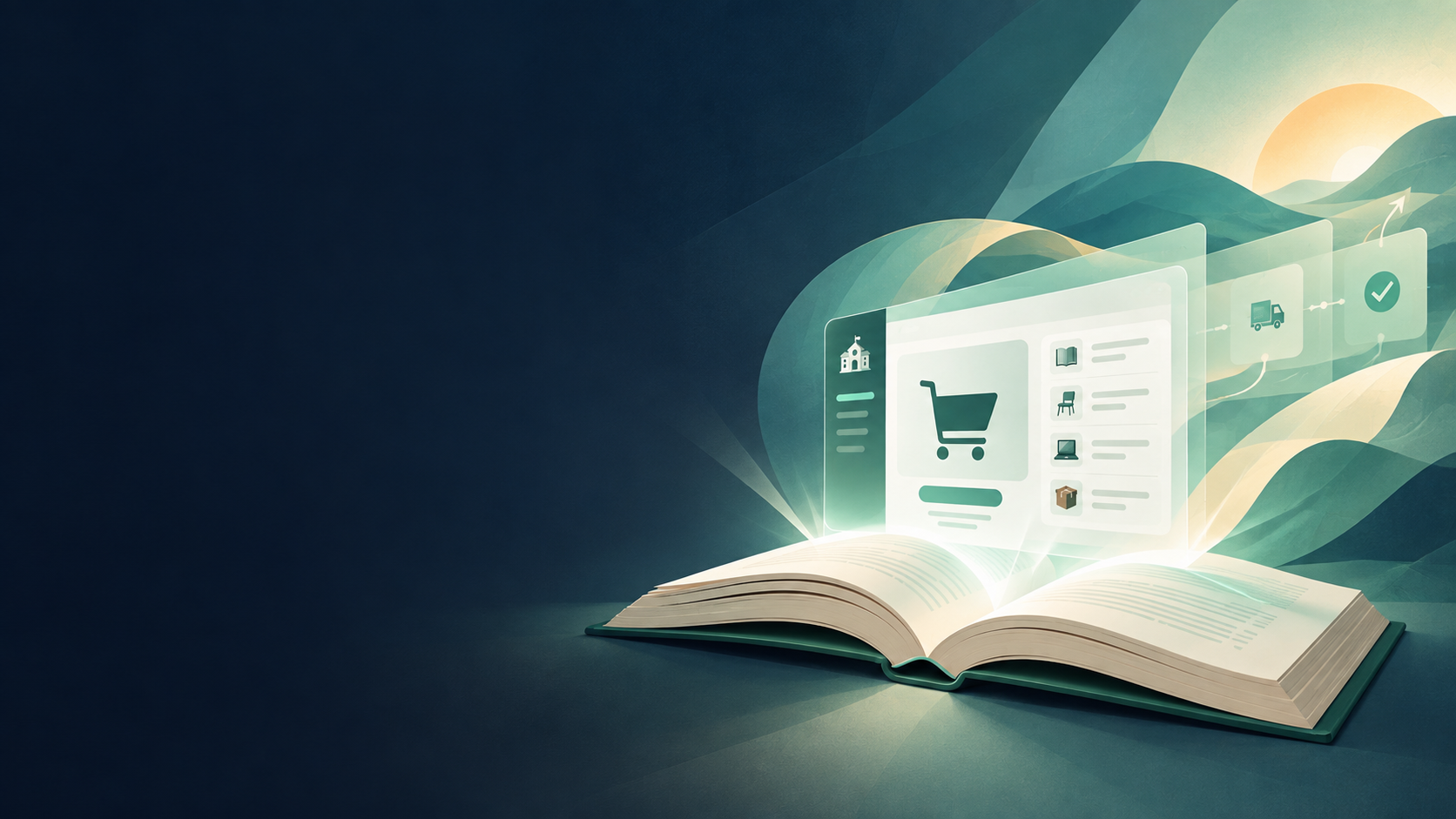 An open procurement guide with a connected digital purchasing system emerging from its pages