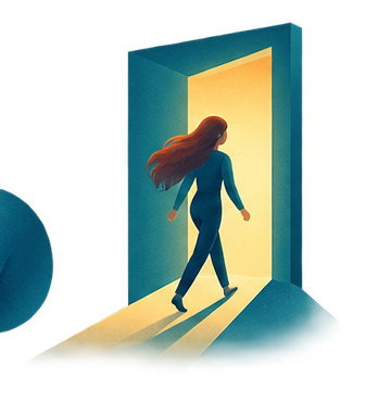 A person stepping through an open, lit doorway