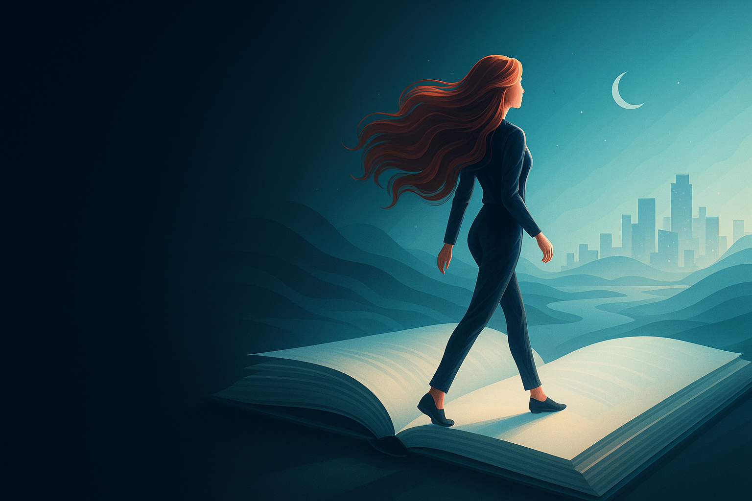 A woman with flowing red hair walking across the open pages of a storybook beneath a crescent moon