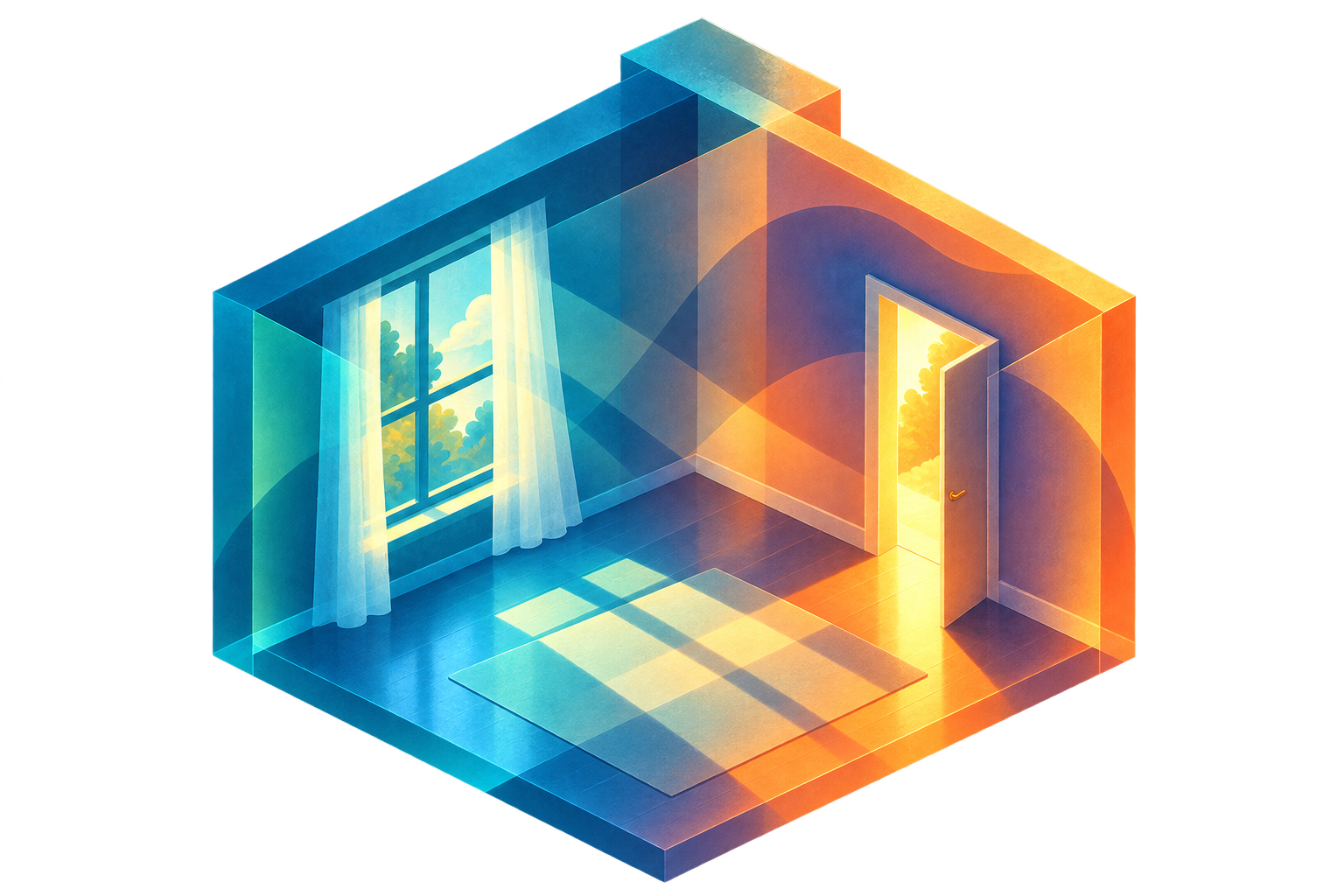 An isometric room lit from two sides at once — one reality cool, one warm — the shared space where a decision in motion and a story about the customer already met.