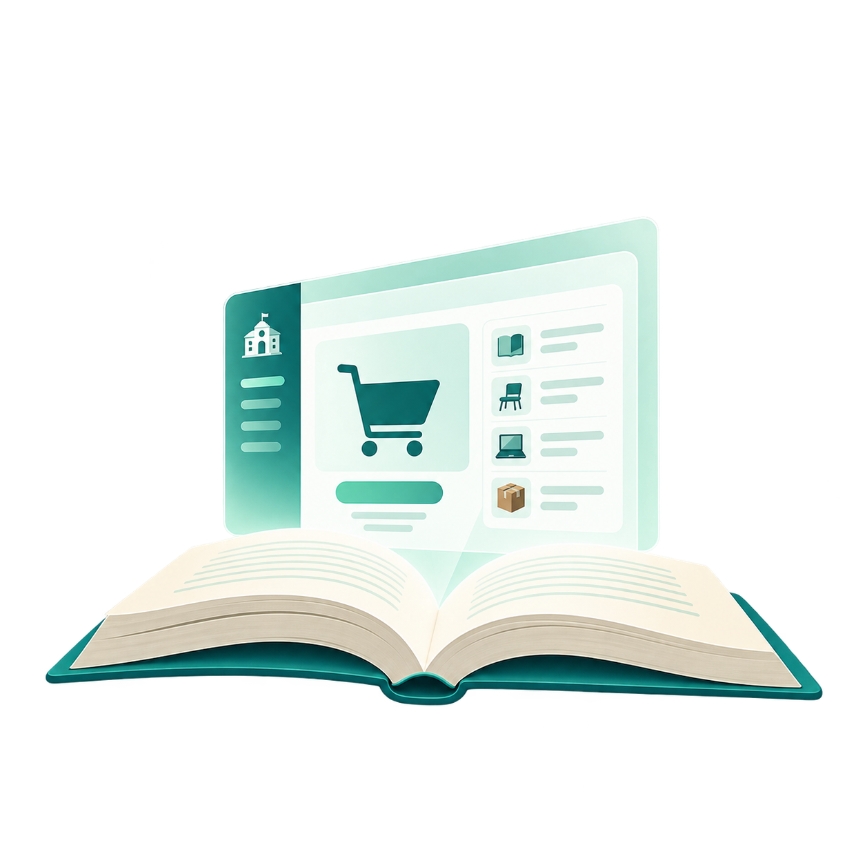An open book with a procurement-system screen emerging from it, showing a shopping cart and school-supply items