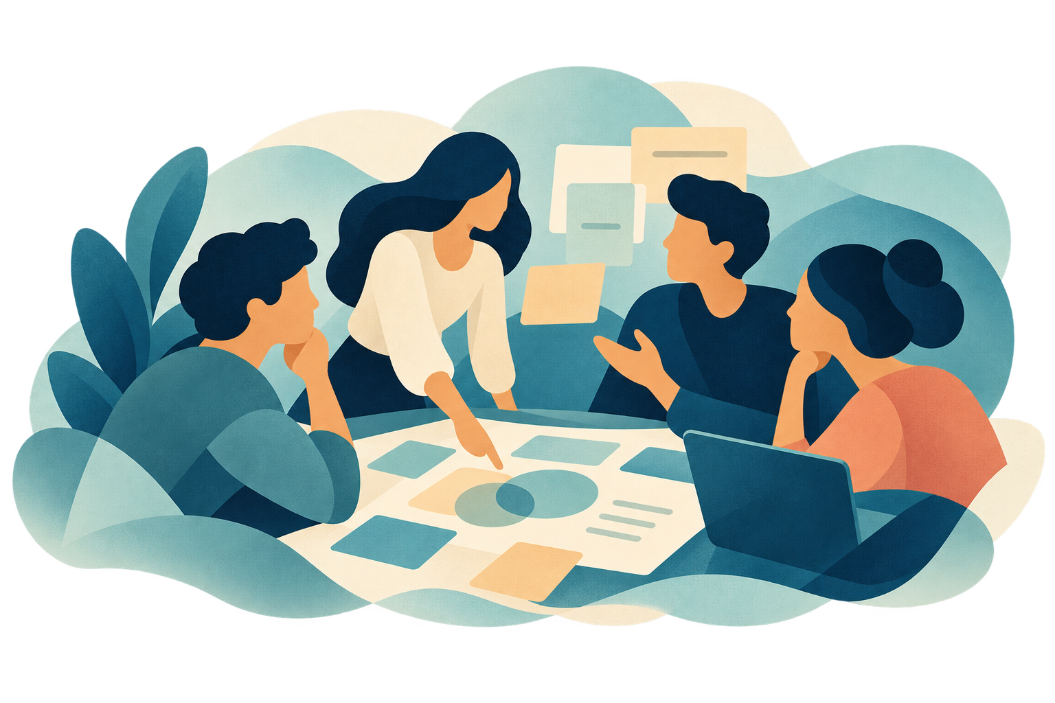 A team sharing perspectives around a work table.