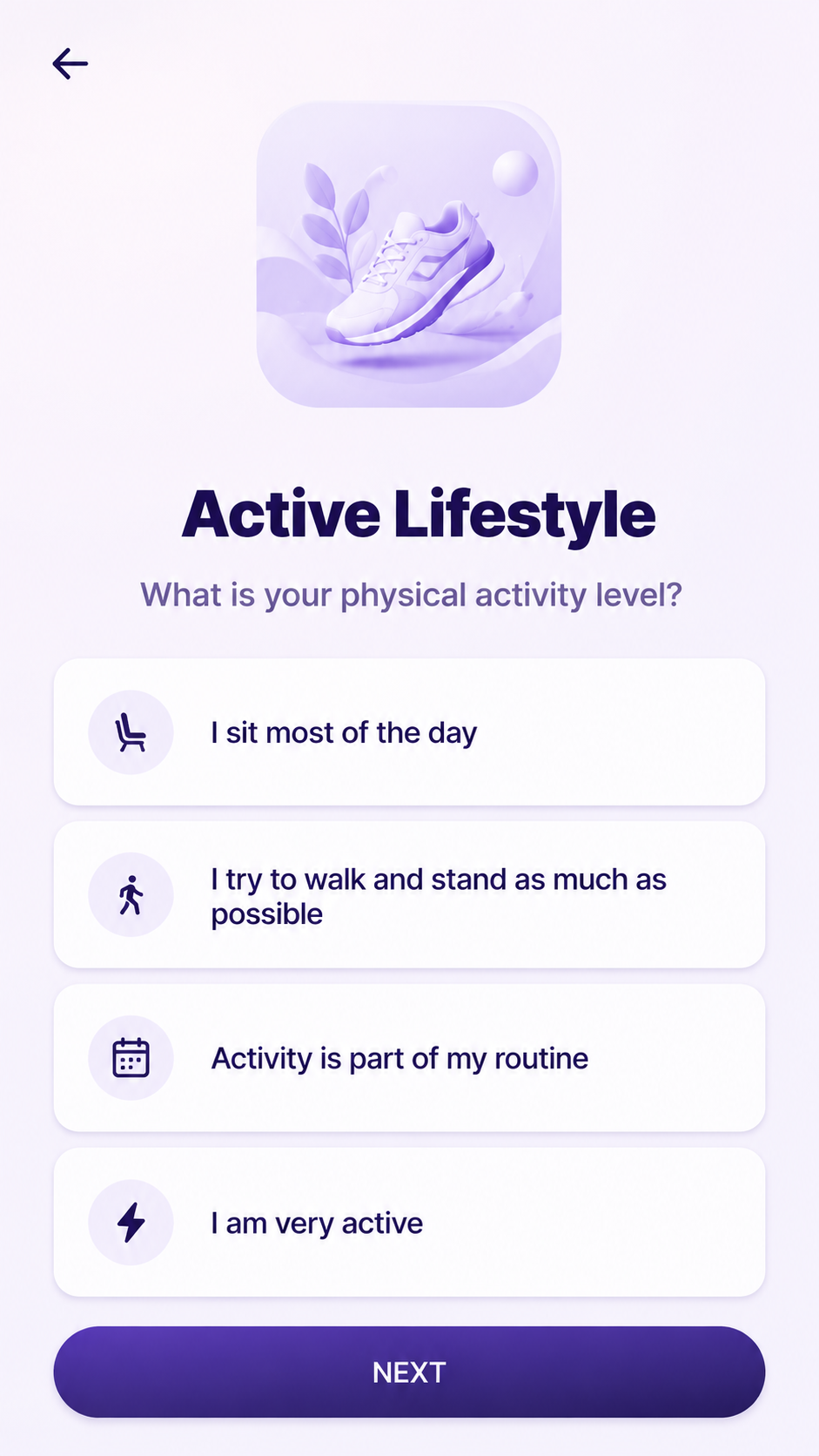 Active Lifestyle screen asking about the patient's daily physical activity level.