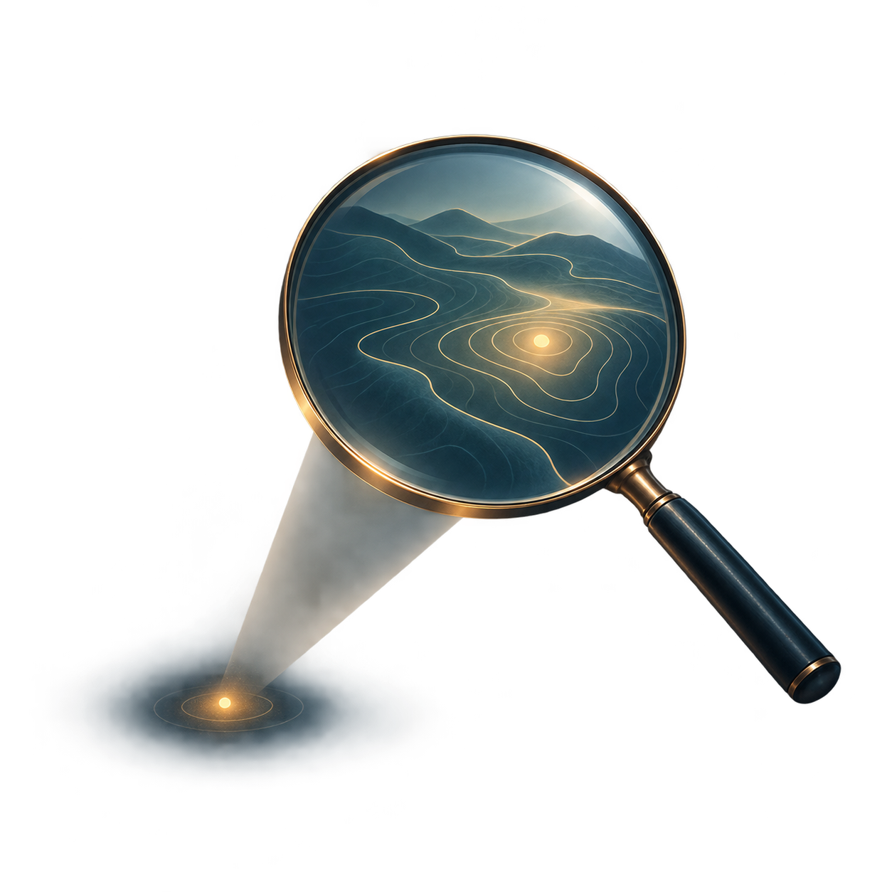 A magnifying glass reveals layered topographic contours, suggesting how one small signal can expose a larger territory beneath.