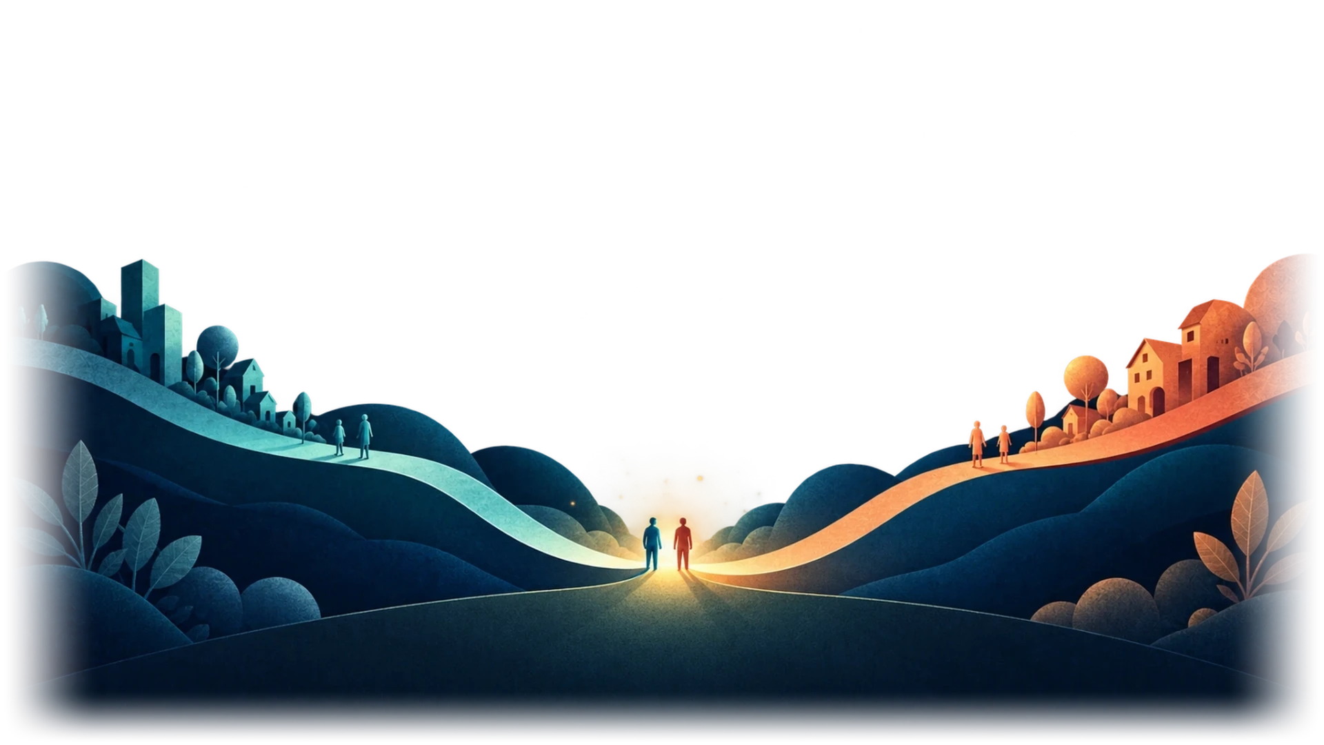 Two story worlds, one teal and one amber, following separate paths toward two figures meeting at a shared point of light